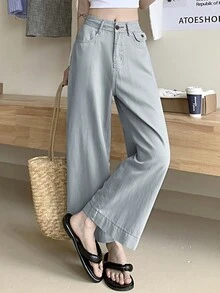 女士时尚灰色高腰阔腿薄款夏季休闲裤 - 灰色 - 查看 4