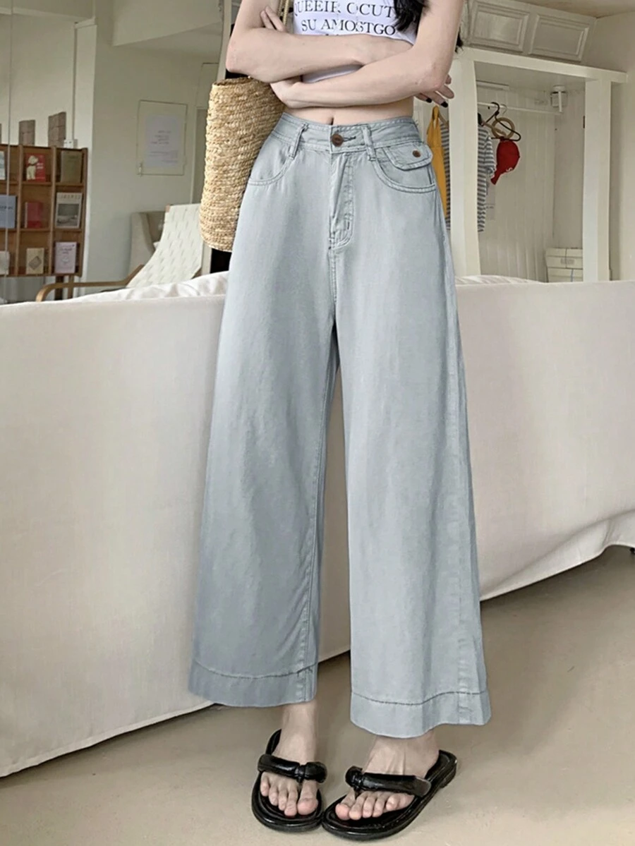 女士时尚灰色高腰阔腿薄款夏季休闲裤 - 灰色 - 查看 1