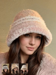 1 件女士时尚彩色保暖厚羊毛帽，适合外出和日常穿着，秋冬季 - A - 查看 1