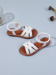 A Pair Of Girls' Round Toe Flat Sandals Elastic Band Design Soft-Soled Casual Beach Shoes Gladiator Sandals - White - View 8