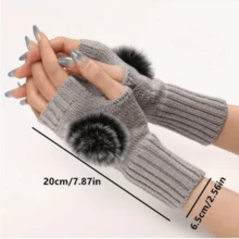 1 双带毛球装饰的丙烯酸针织无指手套 - 弹性材料，适合大多数人，女士时尚保暖配饰，仅可手洗 - 适合户外和休闲穿着，保暖尼龙