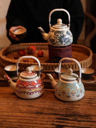 1 Set - High-Quality Enamel Teapot With Floral Pattern & Strainer, Multifunctional Storage Canister With Bird-Shaped Lid, Suitable For Home, Office, Tea Leaves, Coffee Beans, Enamel Storage Jar, All-Season Heatproof Teapot/Coffeemaker/Milk Pot, Beautiful Desktop Decorative Teapot, Specialty Drinkware For Birthday Parties, Festivals, Great Gift For Elders & Friends