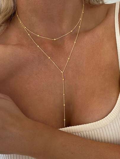 قلادة ي-طويلة متعددة الطبقات بسيطة وأنيقة مع خرز دائري متدلي للنساء، بتصميم هندسي