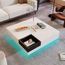 Table basse, table de salon haute brillance, table d'appoint avec boîte de rangement amovible, bloc de couleur blanc et noir, 72 x 72 x 30 cm, avec effet de lumière LED