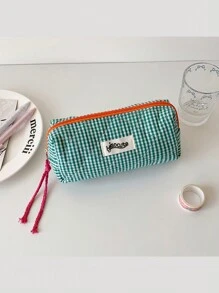 1 pieza Estuche de lápices de tela a cuadros de color contrastante, de alta capacidad, para estudiantes que vuelven a la escuela, útiles escolares, bolsa escolar