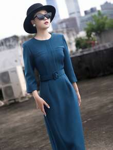 MEXCOCO Elegant Navy Blue/ Low-Key Luxury/ Noble Elegant/ High-End Party Focus/ Bodycon Solid Color Formal Dress, Simple And Fitted