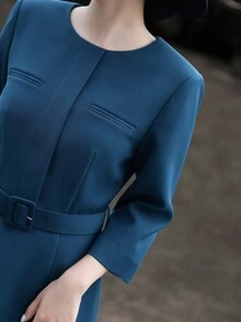 MEXCOCO Elegant Navy Blue/ Low-Key Luxury/ Noble Elegant/ High-End Party Focus/ Bodycon Solid Color Formal Dress, Simple And Fitted