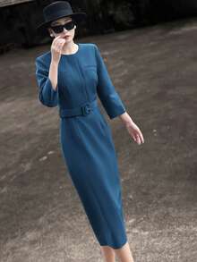 MEXCOCO Elegant Navy Blue/ Low-Key Luxury/ Noble Elegant/ High-End Party Focus/ Bodycon Solid Color Formal Dress, Simple And Fitted