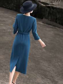 MEXCOCO Elegant Navy Blue/ Low-Key Luxury/ Noble Elegant/ High-End Party Focus/ Bodycon Solid Color Formal Dress, Simple And Fitted