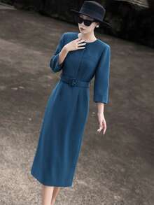 MEXCOCO Elegant Navy Blue/ Low-Key Luxury/ Noble Elegant/ High-End Party Focus/ Bodycon Solid Color Formal Dress, Simple And Fitted