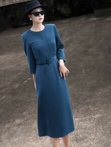 MEXCOCO Elegant Navy Blue/ Low-Key Luxury/ Noble Elegant/ High-End Party Focus/ Bodycon Solid Color Formal Dress, Simple And Fitted