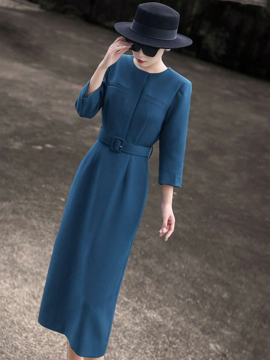 MEXCOCO Elegant Navy Blue/ Low-Key Luxury/ Noble Elegant/ High-End Party Focus/ Bodycon Solid Color Formal Dress, Simple And Fitted