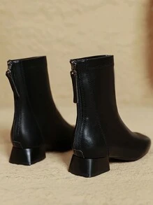 Damskie modne buty z ozdobnymi przeszyciami, niski gruby obcas, kwadratowy nosek, zamek błyskawiczny z boku, jednolity kolor, uniwersalne, codzienne, jesień/zima, czarne, morelowe i cieliste, krótkie buty