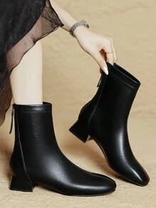 Damskie modne buty z ozdobnymi przeszyciami, niski gruby obcas, kwadratowy nosek, zamek błyskawiczny z boku, jednolity kolor, uniwersalne, codzienne, jesień/zima, czarne, morelowe i cieliste, krótkie buty