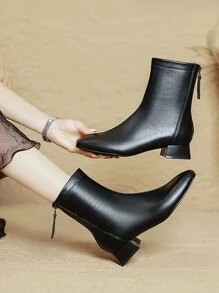 Damskie modne buty z ozdobnymi przeszyciami, niski gruby obcas, kwadratowy nosek, zamek błyskawiczny z boku, jednolity kolor, uniwersalne, codzienne, jesień/zima, czarne, morelowe i cieliste, krótkie buty