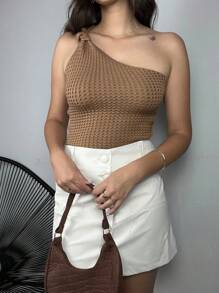 Women's Cropped Blouse Tricot Modal One Shoulder Mule Manca Hole Side Knot Summer Premium - 鏽棕色 - 查看 5