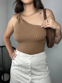 Women's Cropped Blouse Tricot Modal One Shoulder Mule Manca Hole Side Knot Summer Premium - 鏽棕色 - 查看 4