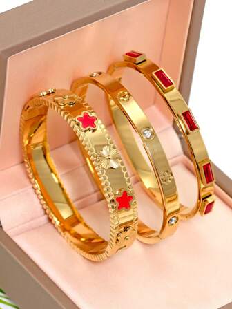 3Pcs/Sets Stainless Steel Flower Bracelets For Women Five Stars Clover Design Fashion Jewelry Party Gathering Holiday Friend Valentine's Day Gift Valentines