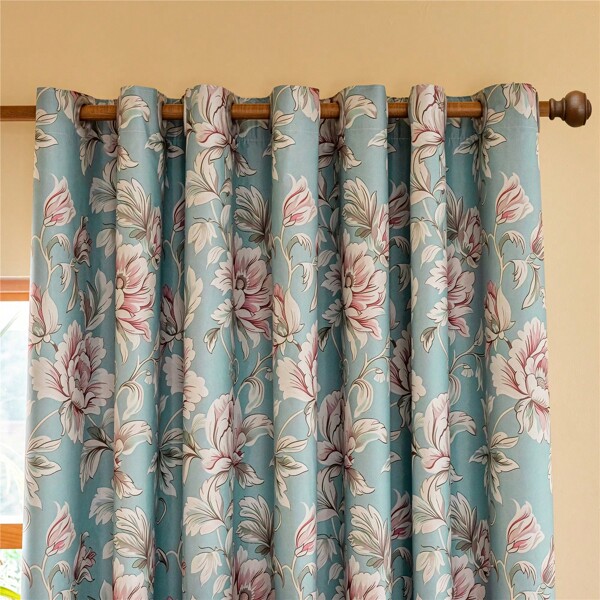 2pcs Rose Print Blackout Curtains With Iron Rings, 100% Light Blocking