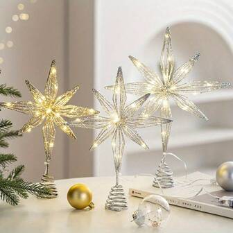 Christmas Tree Toppers, Glitter Gold Star Tree Topper Lighted With Warm White LED Lights For Xmas Tree Decorations, Holiday Party Indoor Decor