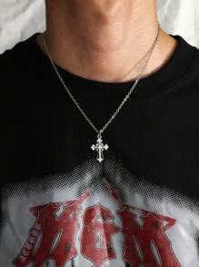 Retro Gothic Style Rhinestone Cross Stainless Steel Chain Necklace For Women And Men - Silver - View 2