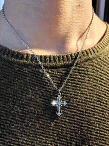 Retro Gothic Style Rhinestone Cross Stainless Steel Chain Necklace For Women And Men - Silver - View 1