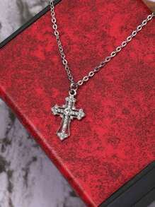 Retro Gothic Style Rhinestone Cross Stainless Steel Chain Necklace For Women And Men - Silver - View 3