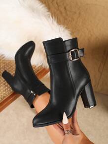 Women's High Heel Short Boots, New Arrival Brown Thick Heel Pointed Toe Sexy Fashion Versatile Boots, Soft Leather Buckle Mid-Calf, Side Zipper Ankle Boots, Minimalist British Style Slimming Short Boots, Autumn/Winter,Go With Dresses,Boots For Women,Platform Heels For Women - Black - View 1