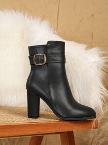 Women's High Heel Short Boots, New Arrival Brown Thick Heel Pointed Toe Sexy Fashion Versatile Boots, Soft Leather Buckle Mid-Calf, Side Zipper Ankle Boots, Minimalist British Style Slimming Short Boots, Autumn/Winter,Go With Dresses,Boots For Women,Platform Heels For Women - Black - View 4