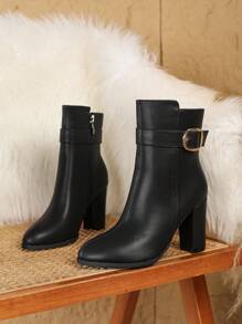 Women's High Heel Short Boots, New Arrival Brown Thick Heel Pointed Toe Sexy Fashion Versatile Boots, Soft Leather Buckle Mid-Calf, Side Zipper Ankle Boots, Minimalist British Style Slimming Short Boots, Autumn/Winter,Go With Dresses,Boots For Women,Platform Heels For Women - Black - View 5