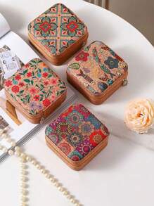 1pc Mini Retro Jewelry Box Earrings, Rings, Necklaces, Travel Storage Box, Jewelry Earrings, Elegant Style Printed Jewelry Box, Multi Functional Jewelry Storage Box, Zipper Convenient Jewelry Bag, Exquisite Cosmetics And Lipstick Storage Bag, Mother's Day Gift, Girls' Gift, Handbag Storage, New Cork Pattern Multi Compartment Large Capacity Jewelry Box, Luxury PU Leather Jewelry Box, Mini Flip Storage Women's Jewelry Gift, Mother's Storage Box