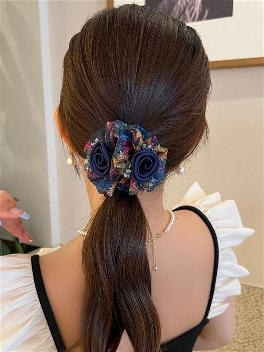 1 件女士花朵发圈、弹性发带、马尾辫发饰，秋冬季 - 彩色 - 查看 1