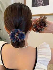 1 件女士花朵发圈、弹性发带、马尾辫发饰，秋冬季 - 彩色 - 查看 2