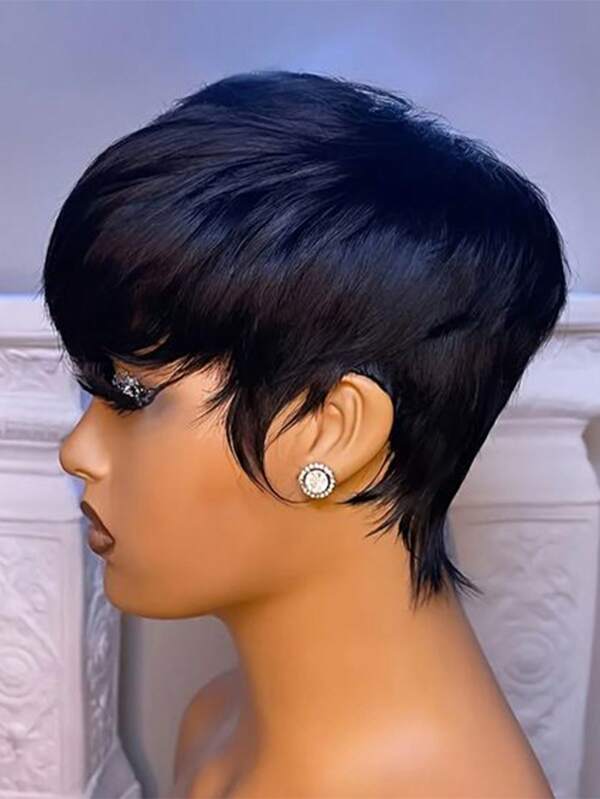 Pixie Cut Wig With Bangs Glueless Human Hair Straight Wigs Non-Lace Rose Net Cap 180% Density Machine Made Remy Suitable For African Women Basic Style Women's Pixie Cut Wig With Bangs