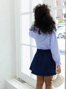 Set de 2 piezas para niña: Blusa de manga larga con cuello tipo polo, volantes y puños a rayas, y falda plisada de un solo color, conjunto informal elegante para primavera y otoño - Multicolor - Ver 3