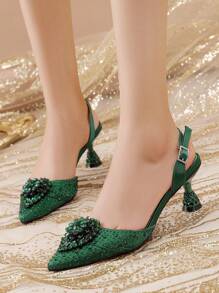 Venus Chan- Green Colour Wedding High Heels For Women Italy Design Rhinestone Decorate Pointed-Toe Gorgeous Parties 2024 INS Lady Plus Size Shoes Party Pumps - Green - View 3