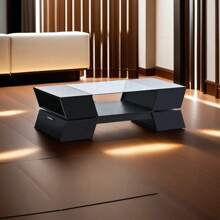 6Mm Glass-Top Coffee Table,Modernist 2-Tier Center Table For Living Room, With Open Shelves And Cabinets,With Ample Storage SpaceGeometric Style,Good Waterproof Performance,Black.,Victory Store