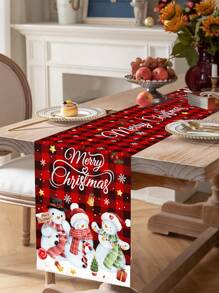 Christmas Theme Table Runner, Cute Snowman Design, Suitable For Christmas Family Gathering Party Tabletop Center Decor