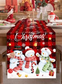 Christmas Theme Table Runner, Cute Snowman Design, Suitable For Christmas Family Gathering Party Tabletop Center Decor