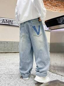 Tween Boy Straight Jeans Spring And Autumn Back Pocket Print