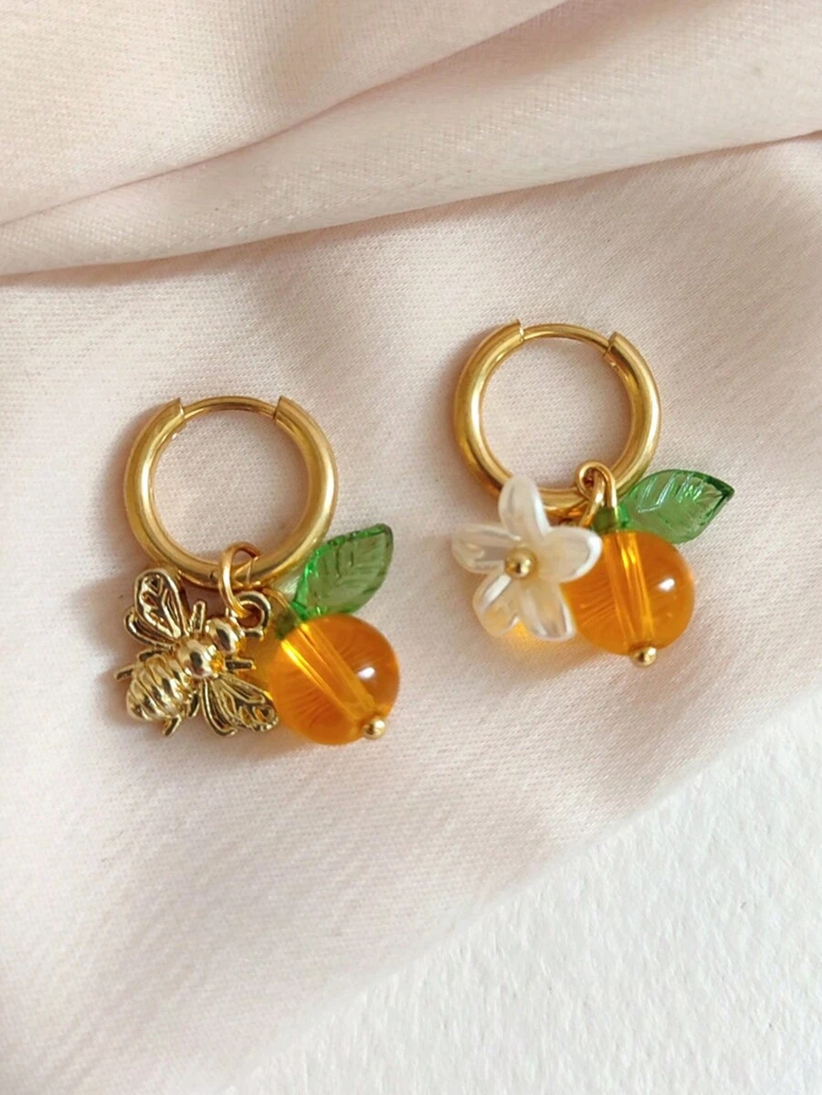 1 Pair Fashionable Orange Faux Fruit Honey Bee Stainless Steel Earrings, Suitable For Wearing Jewelry On Countryside Vacation - Multicolor - View 1