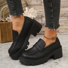 Chaussures mocassins noirs pour femmes grandes tailles, semelle épaisse, antidérapante, augmentation de la taille pour tenue polyvalente, style britannique