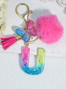 1 pièce Porte-clés en résine à lettres bicolores, pendentif de sac mode avec pompon à gland papillon, cadeau pour amis et école