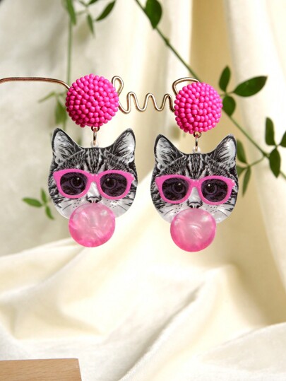 Pink Snail Orecchini a goccia in resina acrilica, con design di gatto che indossa occhiali con bolle, divertente e carino, adatto come regalo per donne e ragazze per vacanze, San Valentino, Natale, Capodanno, compleanni, gioielli di moda