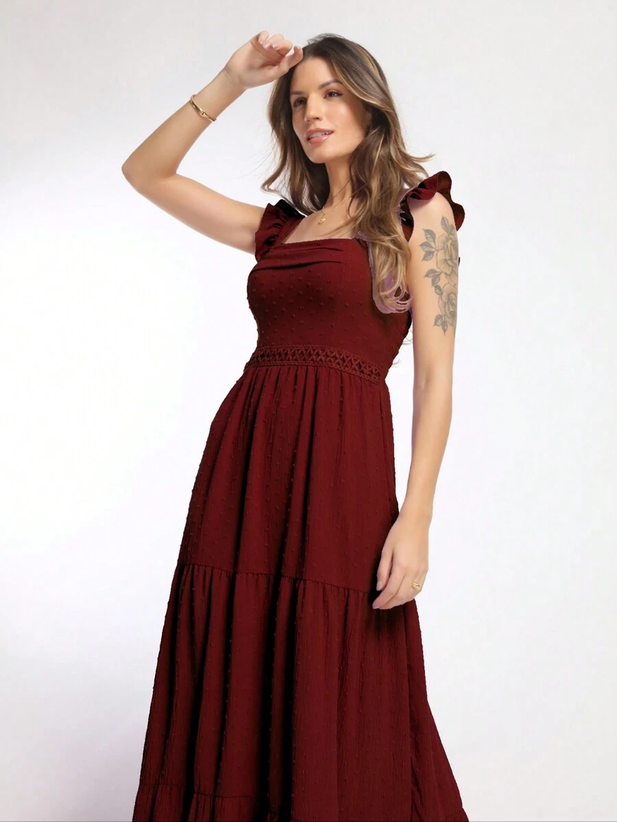Women's Luxury Long Dress With Belt At The Waist And Ruffle On The Sleeve - 酒紅色 - 查看 1