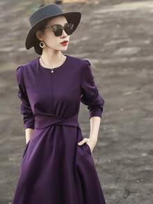 MEXCOCO Elegant Purple/Romantic Night/Luxury Party/Noble Charm Slimming High-End Luxurious Dress With Wide Hem, Long Sleeve, Purple, Wedding Guest Dress