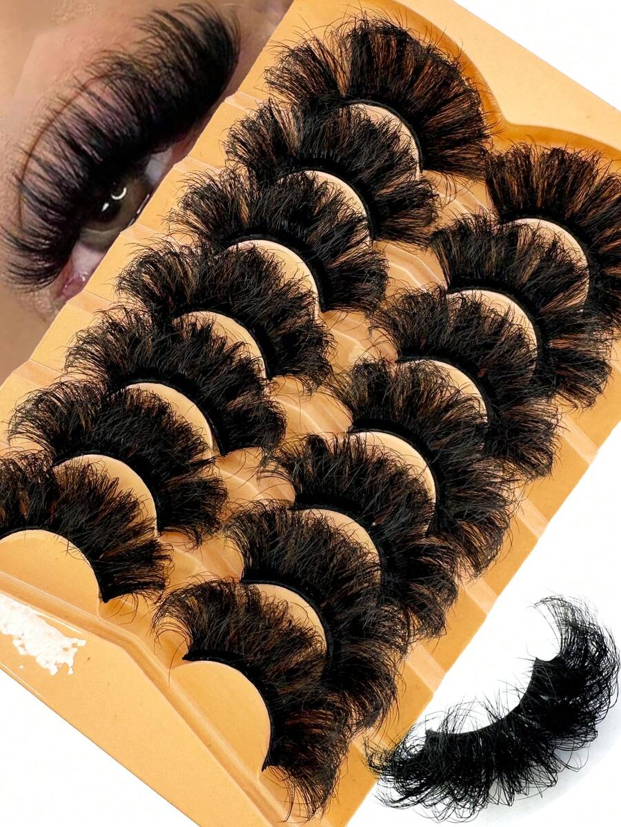 7 Pairs Of 25mm 9D Thick Mink Eyelashes, Curly DD Curl With Fluffy Cat Eye Dramatic Lashes, Dense Faux Mink Lash Extension Look, Reusable - lông mi mềm mại - Xem 1