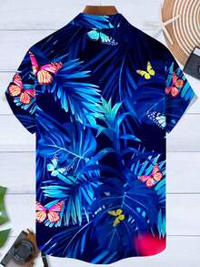 大码男式夏威夷花卉和蝴蝶印花纽扣前口袋短袖衬衫 - 藍色 - 查看 4