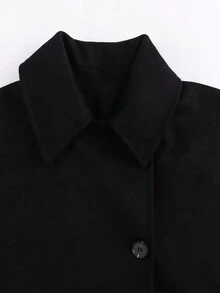 女式纯色长袖单排扣休闲宽松大码外套，秋冬 - 黑色 - 查看 3