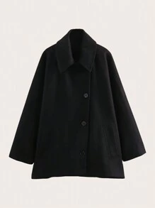 女式纯色长袖单排扣休闲宽松大码外套，秋冬 - 黑色 - 查看 1